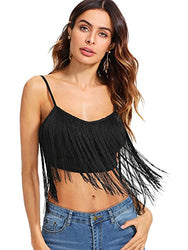 Romwe Women's Tassel Trim Spaghetti Strap V Neck Camis Crop Top Vest Black S