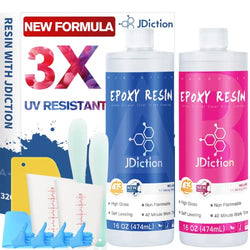 JDiction Epoxy Resin 32OZ - Upgrade Formula, 3X UV Protection, Crystal Clear Resin Kit for Art, Jewelry, Molds, Easy Mix 1:1 Resin with Silicone Mat, Spreader, Mixing Cups, Sticks and Gloves