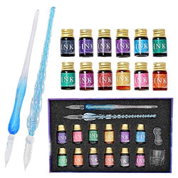 SIPLIV Handmade Glass Dip Pen Ink Set, Crystal Sparkling Signature Drawing Calligraphy Writing Pen, 16 Pcs Gift Set with 12 Colors Ink, 2 Glass Pen, Cleaning Cup and Pen Holder - Light Blue