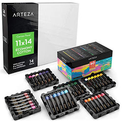 ARTEZA 11x14" Bulk Pack of 100% Economy Cotton Canvas Panels, Set of 14 + Acrylic Paint, 22 ml