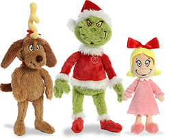 Aurora World Dr. Seuss Cindy Lou Who 12", Grinch Santa 19", & His Dog Max 18" Christmas Special Set of 3 Plush Toys, Multicolor