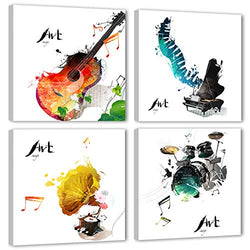 4 Pieces Canvas Wall Art Guitar Piano Phonograph and Drum Set Four Kinds of Classical Music Instruments Picture Music Painting Giclee Art for Home Decor Framed Ready to Hang (Guitar, 12x12inchx4pcs)