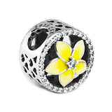 CKK DIY Flower Beads Fits Pandora Bracelets Charm 925 Sterling Silver Pale Yellow Enamel Plumeria