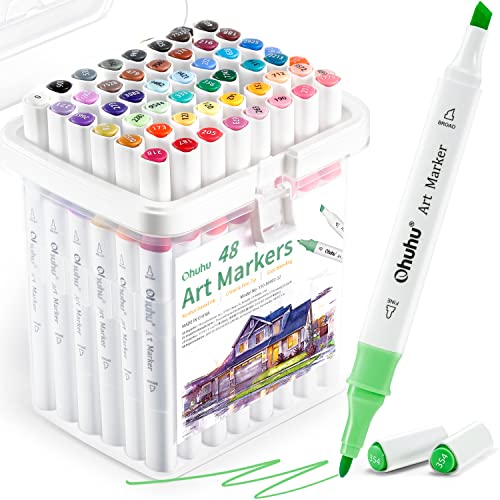 Ohuhu Alcohol Brush Markers 48 Colors, High-quality Ink Blends