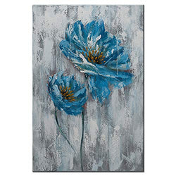 Hand Painted Flower Paintings on Canvas Blue White Floral Wall Art Modern Abstract Poppy Artwork Framed Picture Home Decor 24x36in