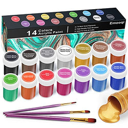 Metallic Acrylic Paint Set– Emooqi Professional Grade Acrylic Paints (14x20ml) with 3 Free Paint Brushes,Non Fading, Highly Pigmented & Fade-Resistant,Ideal for Kids & Adults,Artist & Beginners