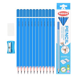PABLUE HB Graphite Pencils, Triangular Concave Grip Pencils, Fat, Thick, Strong, with Eraser, Sharpener, Suitable for School, Student, Art, Beginner,Drawing,Sketching,Shading(Blue, Pack of 12)
