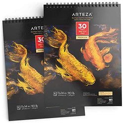 ARTEZA 11X14” Black Sketch Pad, Pack of 2, 60 Sheets (90lb/150gsm), 30 Sheets Each, Spiral-Bound,