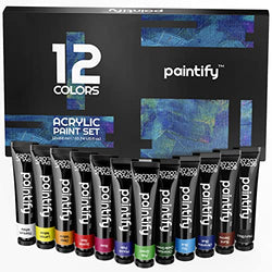 Paintify Acrylic Paint, Set of 12 Colors/Tubes (22ml, 0.74 oz) Art Craft Supplies for Kids Artist & Beginners Painting on Glass, Rock, Canvas, Wood, Rich Pigment, Non Fading, Non Toxic Paints