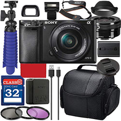 Sony Alpha a6000 Digital Camera with 16-50mm Lens (Black ILCE-6000L/B) Bundle with Accessory Package Including 32GB Memory, Spider Vlog Tripod & More (16 Pieces)