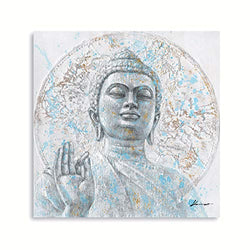 Superrealism Buddha Wall Decor Buddah Head Wall Art Ok Hand Pose Zen Paintings Modern Gautama Portrait Home Decor Canvas Prints Painting Pictures Decoration for Living Room Study Bedroom 24" x 24"