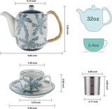 Taimei Teatime Ceramic Tea Sets for adults with Teapot 32-Ounce, Tea Cups Set for 4, English Tea Set for Tea Party, Microwavable Easy to Clean, Blue Grey