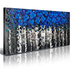 100% Hand Painting Blue Birch Tree Painting Framed Modern Home Wall Decor Abstract Hand Painting Blue Forest Wall Art Canvas Draw Ready to Hang for Living Room Bedroom Landscape Artwork(60"x30")