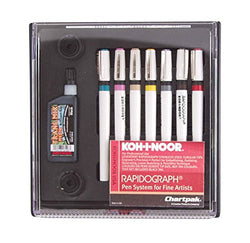 Koh-I-Noor Rapidograph Pen and Ink Set, 7 Assorted Pen Nibs and .75 oz. Bottle of Ultradraw Black