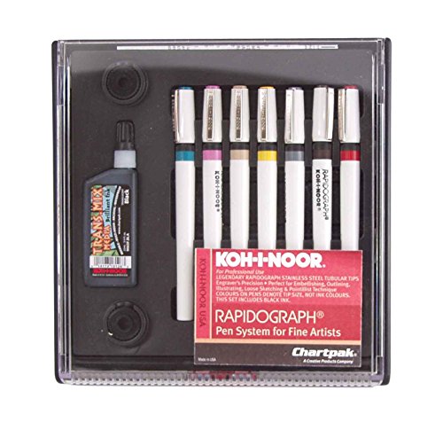 Koh-I-Noor Rapidograph Pen and Ink Set, 7 Assorted Pen Nibs and .75 oz. Bottle of Ultradraw Black
