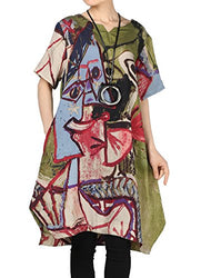 Mordenmiss Women's Summer Abstract Printing Baggy Dress with Pockets (2XL, Green)