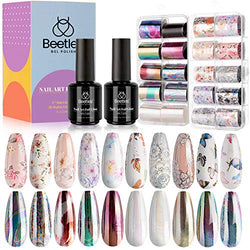 Beetles Nail Foil Glue Gel 2 Bottles 15ML with 20PCS Flower Butterfly and Metal Foil Stickers Set Nail Transfer Glues Manicure Art DIY Nail, LED Lamp Required Soak Off