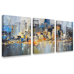 Canvas Wall Art Blue Modern Abstract Cityscape Brooklyn Bridge Painting Colorful New York Skyline Buildings Picture for Home Office Decor (12"x16"x3Panels), Original Design