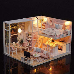 ViaGasaFamido DIY Dollhouse Kit, 1/24 Miniature 3D Miniature Dollhouse Kit Dollhouse Miniature Wooden Loft Assembling Doll House with LED Light (Not Include Clear Cover)