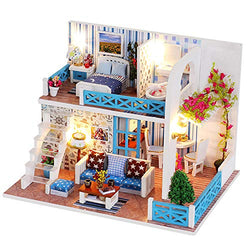 ROBOX Miniature Dollhouse DIY Kits 1/24 Scale Mini House Wooden Craft Models Miniature House Kit Sea-View Room with Furniture，Cover and Led Light