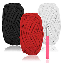 Knitting Yarn Fabric Cloth T-Shirt Yarn Carpet Yarn，120 Yards Knitting Yarn for Hand DIY Bag Blanket Cushion Crocheting Projects ,with Crochet Hook (Red,White,Black)