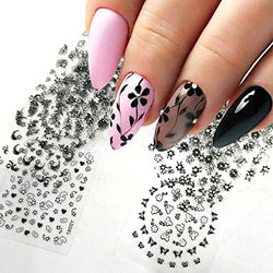 Flower Nail Art Stickers, Black Nail Designs Nail Decals 3D Self Adhesive Nail Stickers Nail Art Supplies Black Flower Stickers with Rhinestones for Nails Decorations Manicure Tips Charms (30sheets)