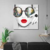 Contemporary Wall Art Modern Fashion Women with Red Lip Canvas Print Stylish Feminine Wall Art Painting Framed Cityscape Piture Ready to Hang for Home Decoration (40x40inch)