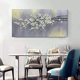 Yotree Wall Art Hand-Painted Framed White Flowers Oil Painting On Canvas Gallery Wrapped Modern Floral Artwork for Living Room Bedroom Décor Ready to Hang