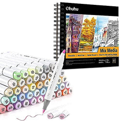 Ohuhu Pastel Markers, Ohuhu 48 Colors Alcohol Brush Markers Double Tipped Brush & Chisel Sketch Marker+Mix Media Pad, Ohuhu 8.9"×8.3" Mixed Media Art Sketchbook