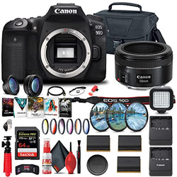 Canon EOS 90D DSLR Camera (Body Only) (3616C002) + Canon EF 50mm Lens + 64GB Card + Case + Filter Kit + Corel Photo Software + 2 x LPE6 Battery + Charger + Card Reader + More (Renewed)