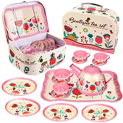Noetoy Tea Set for Little Girls, Kids Tea Set 15 PCS Pink Tin Tea Party Set for Toddlers Princess Tea Time Pretend Toy with Carrying Case, Kids Kitchen Pretend Play for Girls Boys Age 3 4 5 6