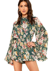 Romwe Women's Floral Printed Ruffle Bell Sleeve Loose Fit Jumpsuit Rompers Multicolor Green Small