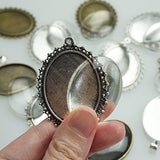 20 Counts Oval Bezels Pendant Trays with 20 Counts Glass Cabochon Round Dome Tiles for Jewelry