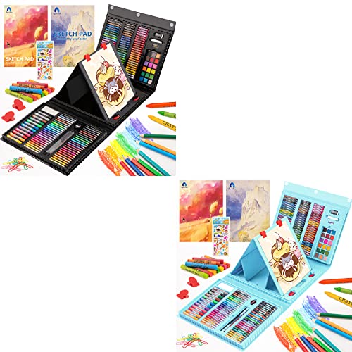 Art Supplies, 240-Piece Drawing Art kit, Gifts Art Set Case with Double Sided Trifold Easel, Includes Oil Pastels, Crayons, Colored Pencils, Watercolor Cakes, Sketch Pad