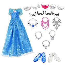 BJDBUS 18 Pcs Clothes and Accessories for 11.5 inch Girl Doll, Blue Princess Dress with 2 Shoes , 6 Necklaces , 5 Crowns , 4 Glasses, 1: 6 Doll Playset Royal Party Gown