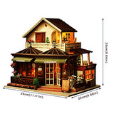 QWERTP Innovative Gift DIY Cottage House,3D Puzzles Dollhouse - Miniature Kit Large Coffee House Villa with LED Light and Music Dust Cover and Character Doll