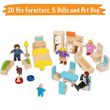 Pidoko Kids Skylar Dollhouse with 20 Pcs Furniture, 5 Dolls and a Pet Dog