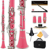 Mendini ABS B Flat Clarinet with 2 Barrels, Case, Stand, Pocketbook, Mouthpiece, 10 Reeds and More (Pink)