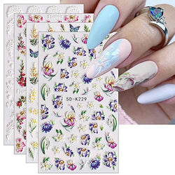 JMEOWIO 3D Embossed Spring Flower Nail Art Stickers Decals Self-Adhesive Pegatinas Uñas 5D Summer Floral Colorful Nail Supplies Nail Art Design Decoration Accessories 4 Sheets