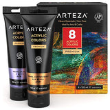 Arteza Metallic Acrylic Paint, Set of 8 Vibrant Essentials Colors in 4.06oz Tubes, Rich Pigments, Non Fading, Non Toxic Paints for Artists, Hobby Painters & Kids, Ideal for Canvas Painting & Crafts