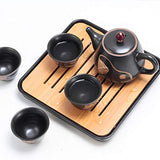 Porcelain Tea Set-Tea Set with Lotus Relief, Ceramic Tea Sets Include teapot, Tea cups, Tea canddy, Tea clip, Bamboo Tea tray and Portable Travel Bag (black)