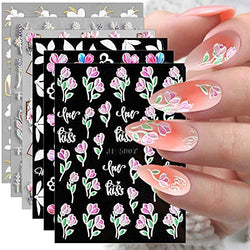 JMEOWIO 7 Sheets 3D Embossed Spring Flower Nail Art Stickers Decals Self-Adhesive Pegatinas Uñas 5D Colorful Summer Floral Nail Supplies Nail Art Design Decoration Accessories