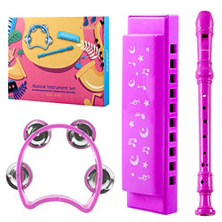 EAST TOP 3Pcs Recorder Musical Instrument Set Including Harmonica,Flute,Tambourine for Kids,Children,Students Playing As Gift, pink