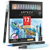 Arteza Real Brush Pens, Set of 12, Sea Tones, Blendable Watercolor Markers and 1 Water Brush, Art Supplies for School, Home, and Office