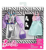 Barbie Fashions 2-Pack Clothing Set, 2 Outfits Doll Include Iridescent Sweatshirt, Silvery Metallic Skirt, Gingham Dress & 2 Accessories, for Kids 3 to 8 Years Old