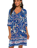 Women's Summer Casual Bohemian Neck Tie Vintage Printed Ethnic Tunic Boho Dress (Light Blue,M)