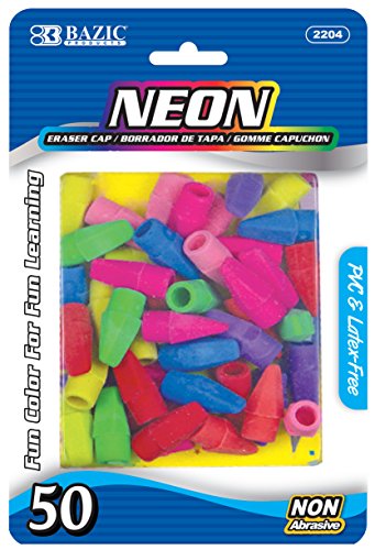 BAZIC Neon Eraser Top. Chisel Shaped Erasers for Standard Pencils (50/Pack)
