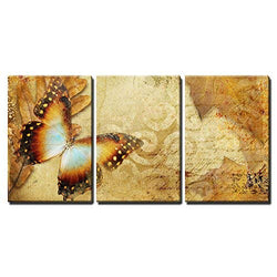 wall26-3 Piece Canvas Wall Art - Vintage Autumn Card with Leaves and Butterfly - Modern Home Decor Stretched and Framed Ready to Hang - 24"x36"x3 Panels
