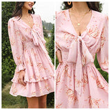 EXLURA Women Tie Front Elastic Waist Tiered Ruffle Layer Floral Balloon Long Sleeve V-Neck A-Line Mini Dress Pink