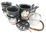 Japanese Design Maneki Neko Lucky Cat Black Ceramic Tea Pot and Cups Set Serves 4 Beautifully